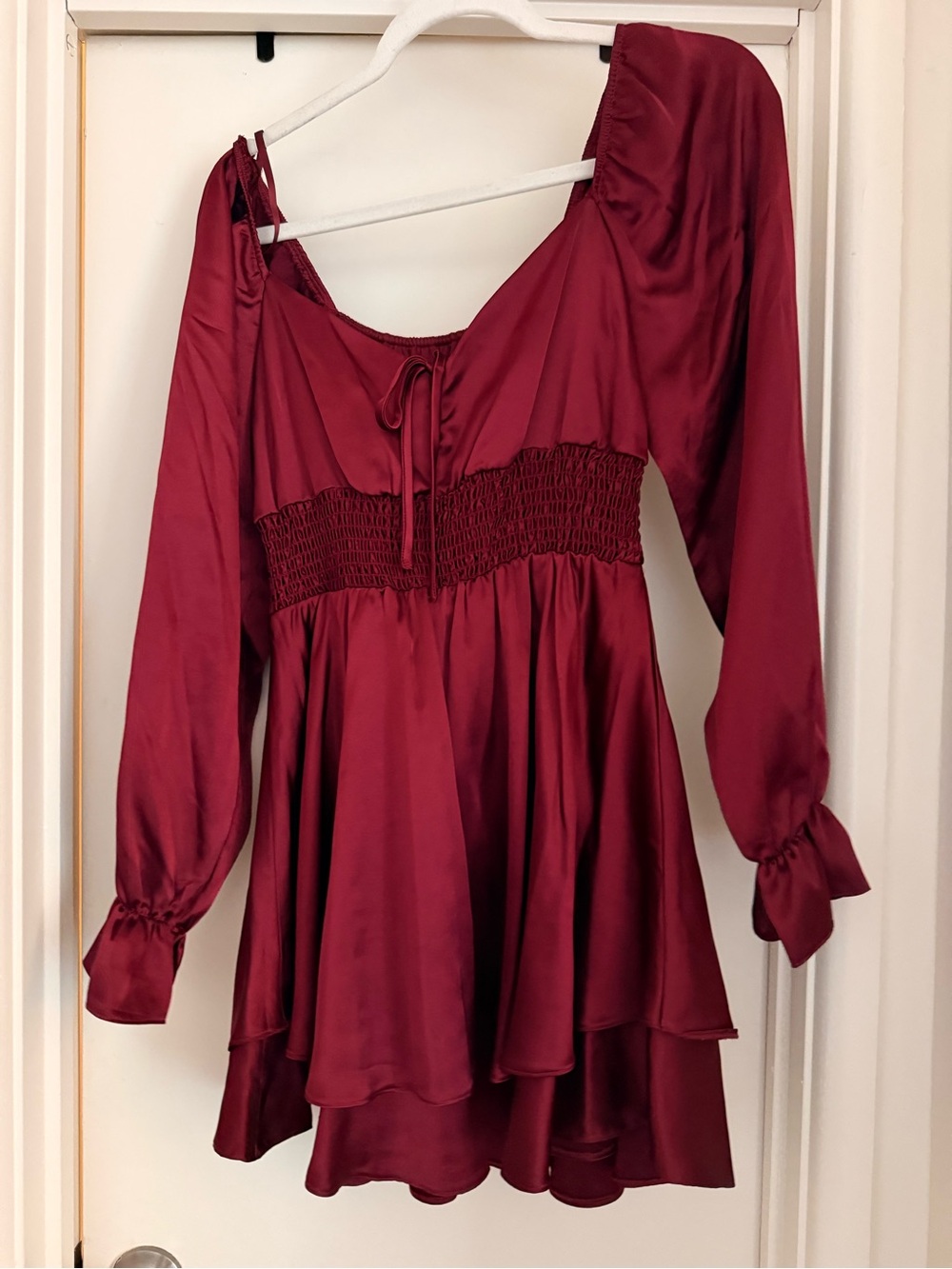 Women's Burgundy Long-Sleeve Satin Mini romper